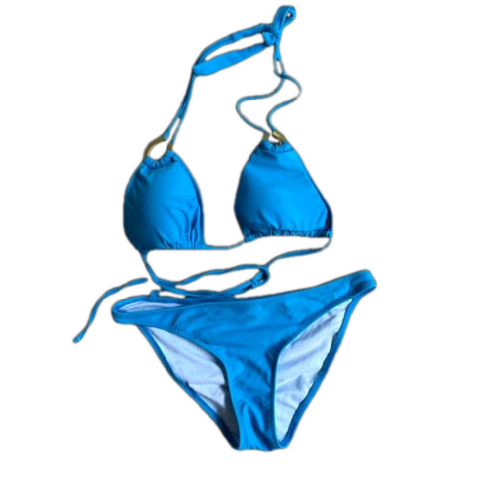 Blue bikini with gold rings on the straps size M